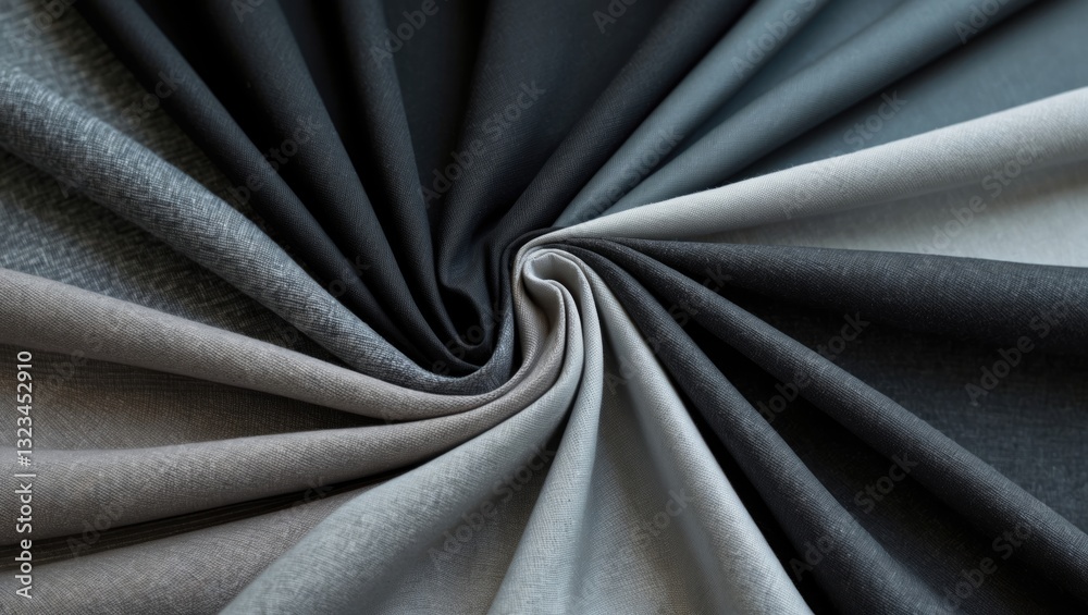 Poster Fabric samples in a spiral arrangement showcasing shades from deep black to light grey, with soft textures and subtle patterns, ideal for design projects.