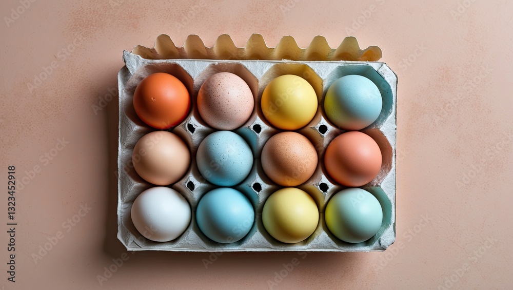 Poster colorful pastel eggs neatly arranged in a paper tray on a soft peach background with natural lightin