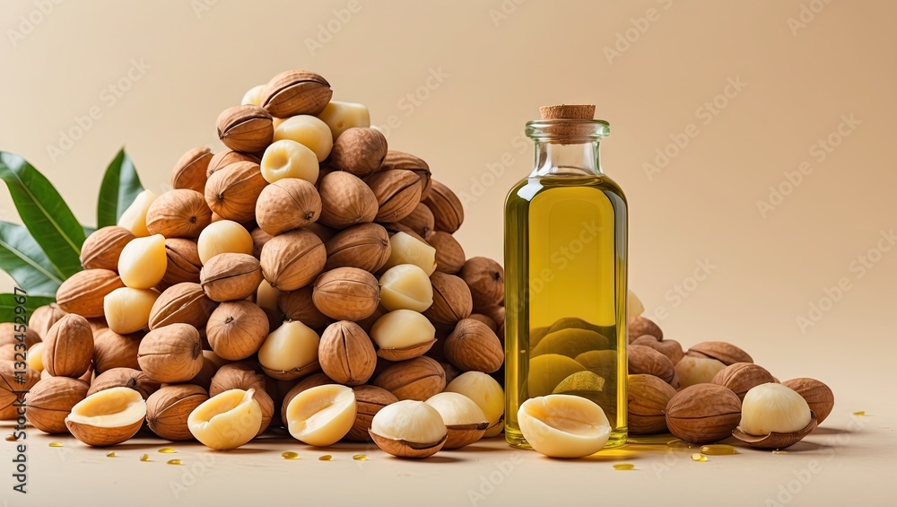 Poster heap of macadamia nuts in various shades of beige and brown with macadamia oil in a glass bottle on 