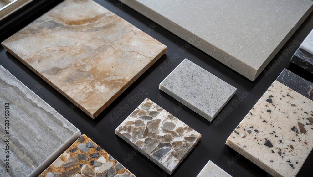 Aufkleber Elegant stone samples for kitchen and bathroom countertops arranged on a black surface include various textures and colors in a creative layout.