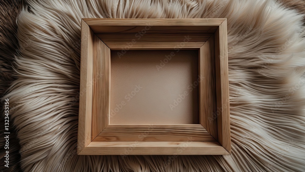 Poster wooden photo frame placed center on a soft beige fur carpet with warm tones creating a cozy atmosphe