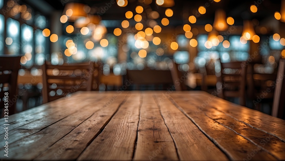 Poster Wooden tabletop positioned centrally with warm bokeh lights in background, creating an inviting atmosphere in a blurred restaurant setting.