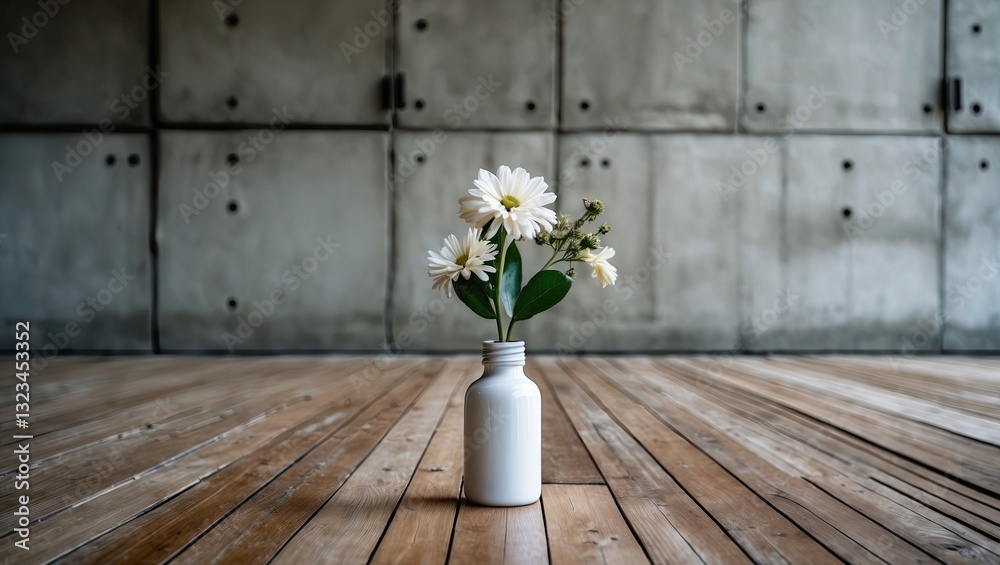 Aufkleber empty white bottle flower vase with daisies on a wooden floor centered against a modern loft cement 