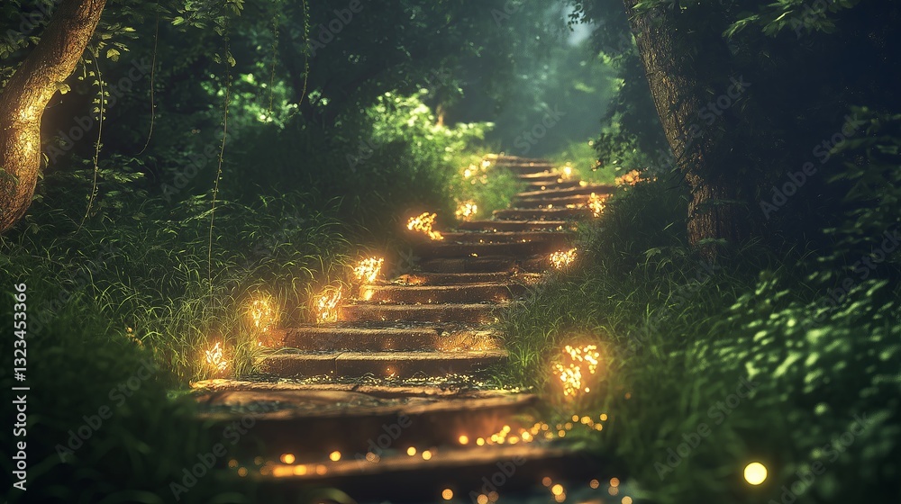 Poster a mystical glowing forest path leading to an unknown destination