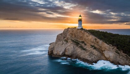 Lonely lighthouse on a cliff during sunset