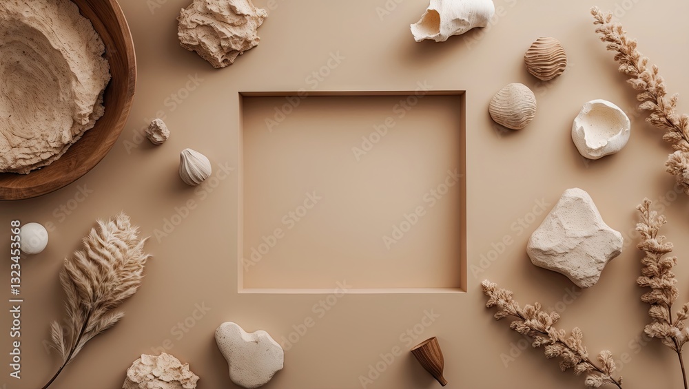 Leinwandbilder Beige Memphis-style flat lay with natural elements and textures surrounding a central blank space for text or design, perfect for backgrounds.