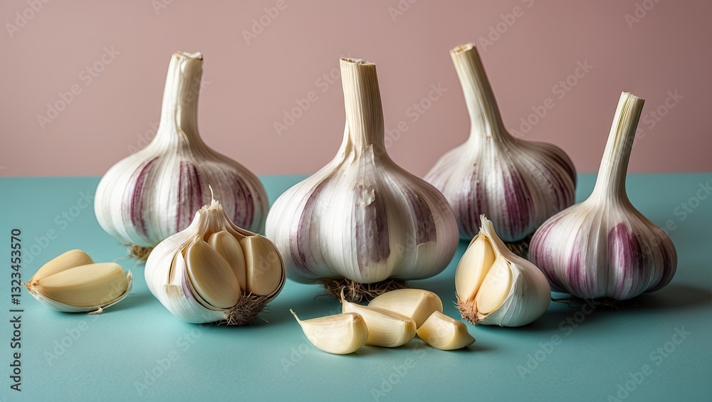 Poster Fresh garlic bulbs and cloves arranged dynamically on a turquoise surface with a pastel pink background creating a contrasting food composition.