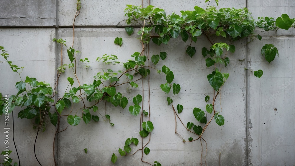 Fototapete Ficus pumila vines in lush green climbing vertically on a textured concrete wall creating contrast with ample copy space for design use.