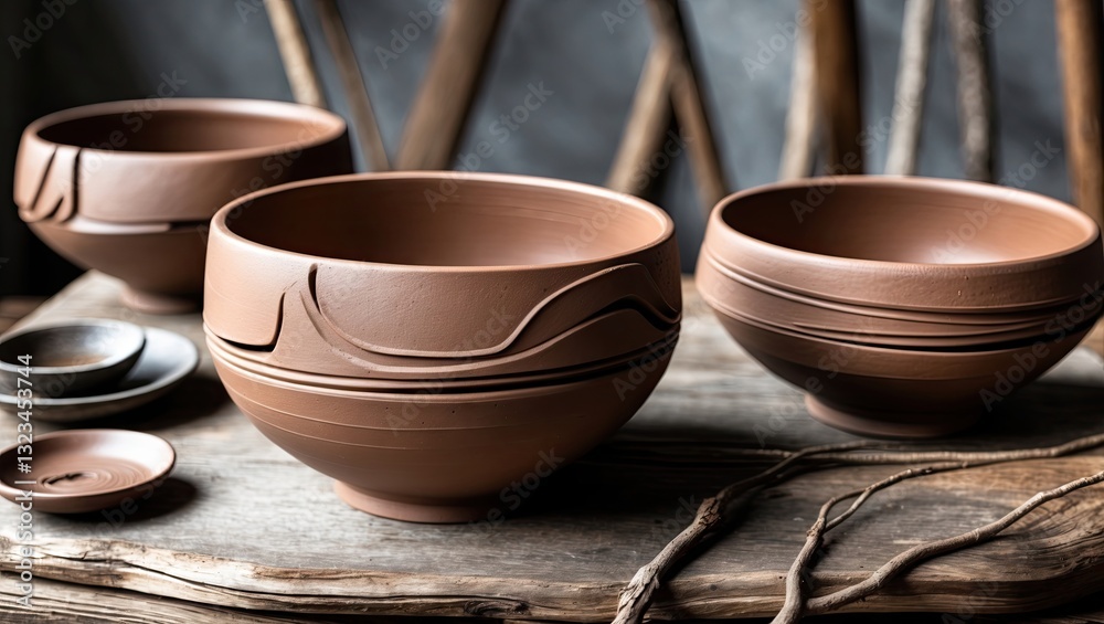Poster Handcrafted brown clay bowls in wabi sabi style with abstract designs placed on a rustic wooden surface surrounded by natural elements and textures.