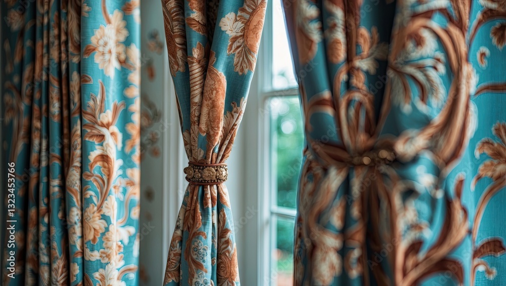 Aufkleber elegant close-up of ornate turquoise and terracotta patterned curtains framing a window, showcasing 