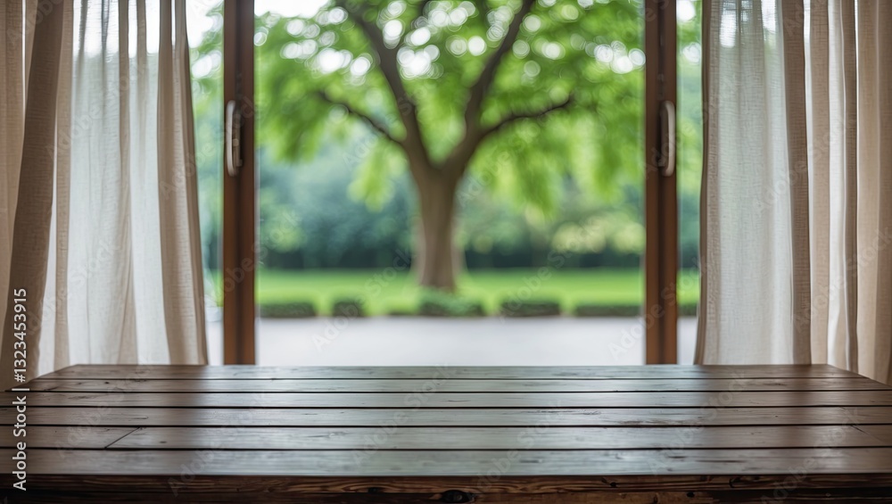 Poster wooden table in foreground with light-colored sheer curtains framing a large green tree visible thro