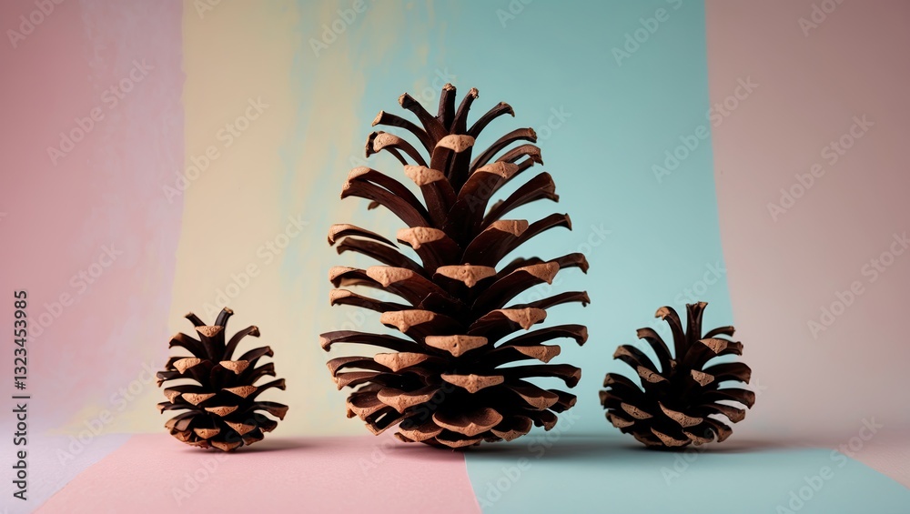 Aufkleber Pine cones of varying sizes arranged in a row against a split pastel background featuring soft blue and pink hues creating a serene atmosphere