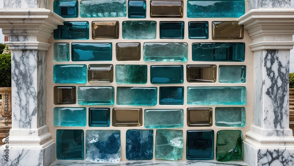 Leinwandbilder glass brick wall in varying shades of blue and green set within a sleek white and gray marble frame 