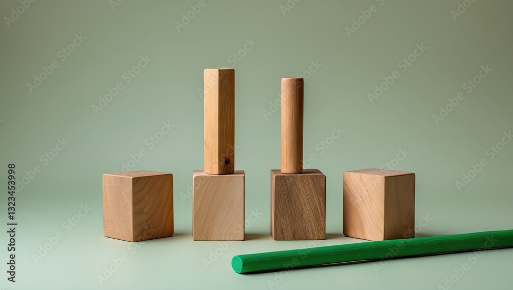 Leinwandbilder four pale wooden blocks arranged with two upright and a green stick lying horizontally on a soft pas