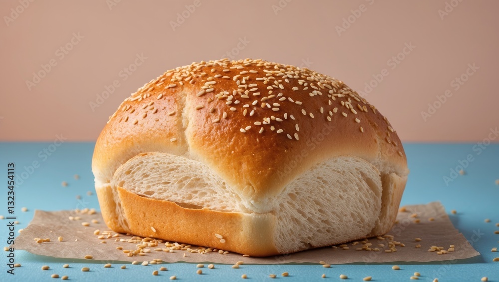 Poster wheat bread loaf with golden crust and sesame seeds on top placed on a soft pastel blue background w