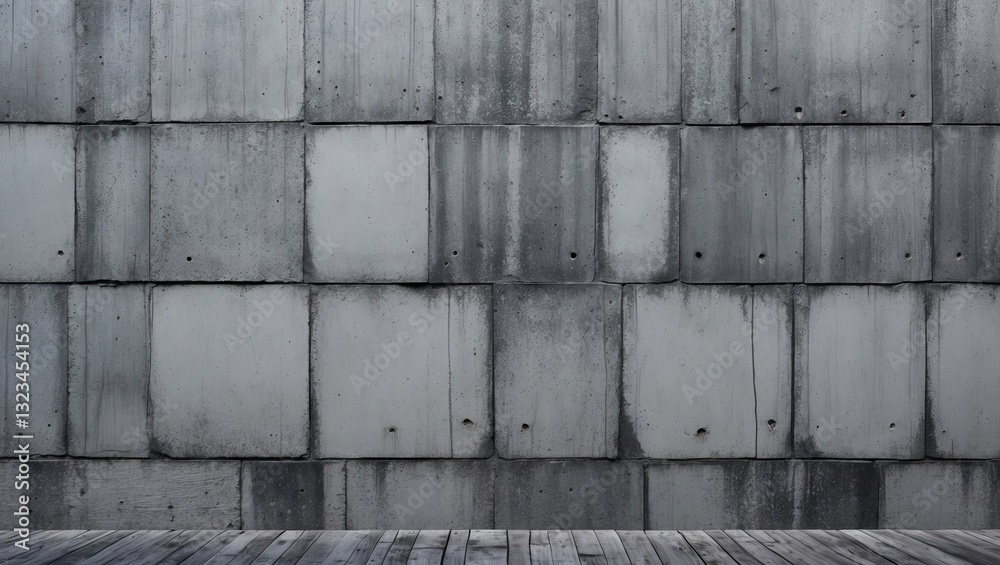 Poster Gray concrete wall texture with varying shade panels in the background and wooden floor at the bottom, creating a modern industrial aesthetic.
