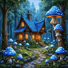 Fototapeta premium A tiny cottage surrounded by glowing mushrooms in an enchanted forest clearing. Generated AI