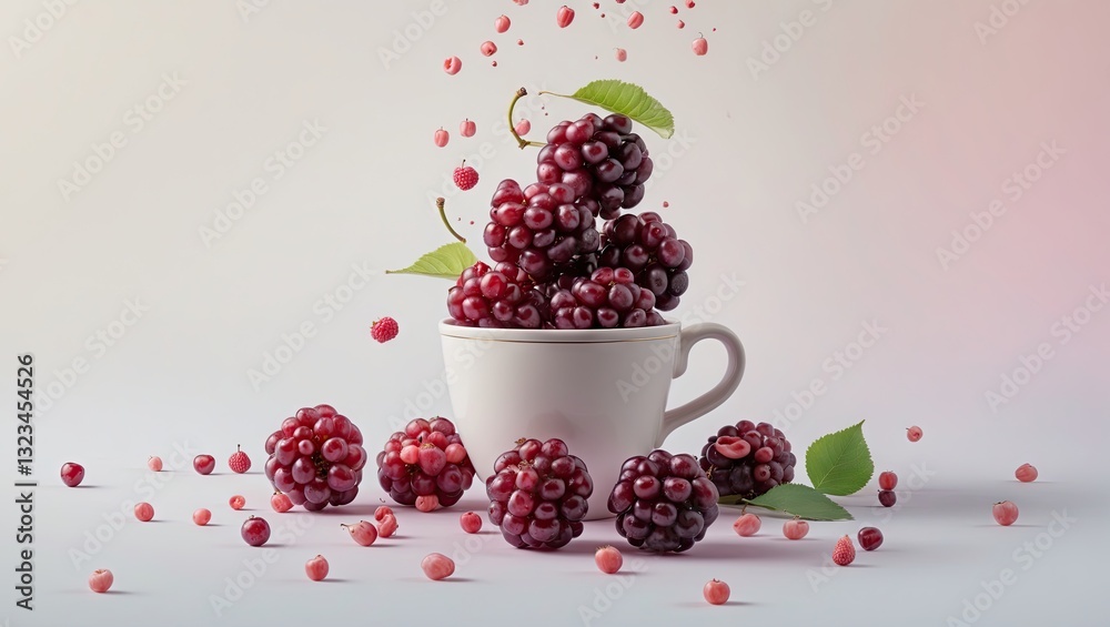 Poster fresh mulberries cascading from a white cup onto a soft pastel background with green leaves and scat
