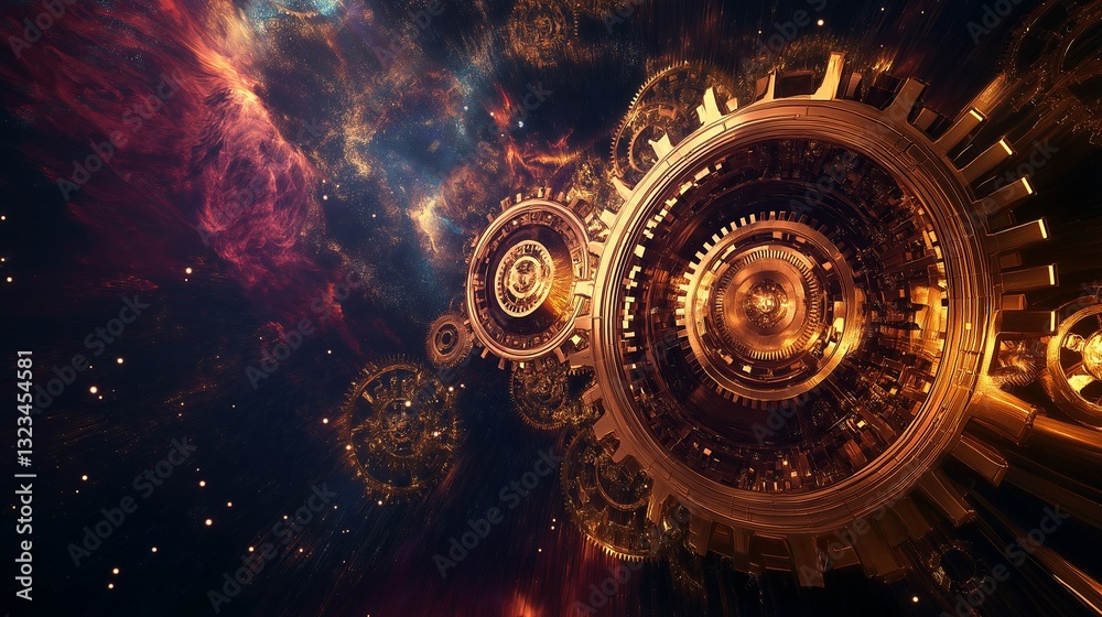 Poster A mysterious celestial clockwork with orbiting golden gears