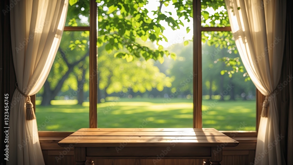 Leinwandbilder sunlit wooden table near a window with white curtains showcasing a vibrant green park backdrop fille
