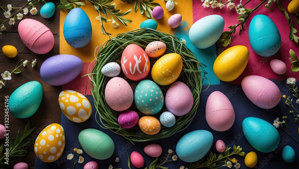 Poster colorful easter table arrangement with painted eggs in varying pastel shades on a vibrant background