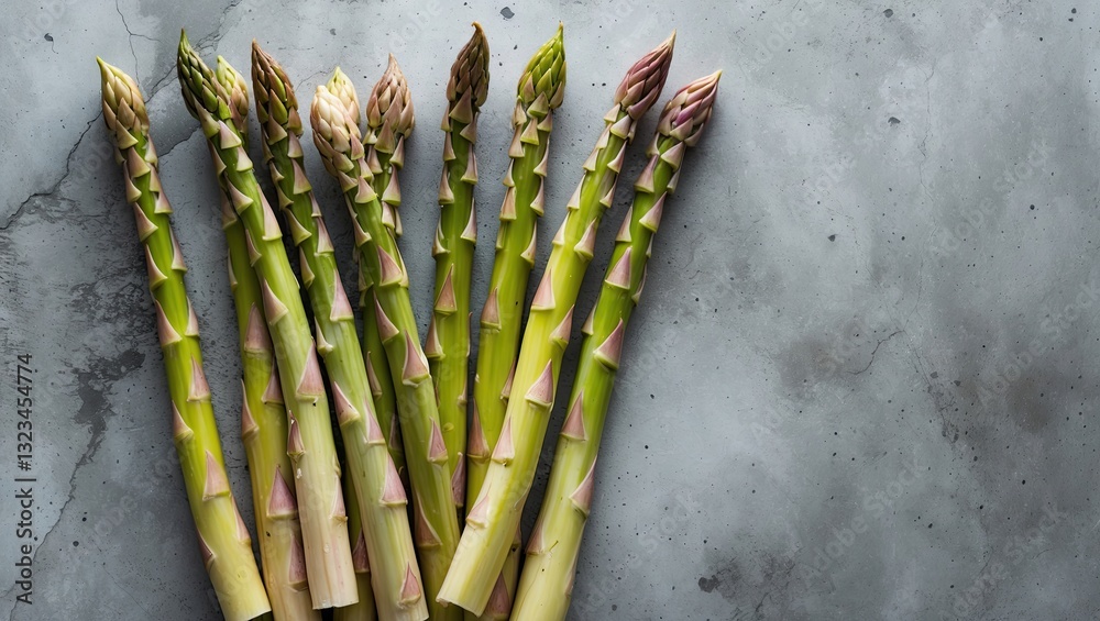 Poster Fresh organic asparagus arranged on a gray concrete background from a top view perspective with ample empty space for text or design elements.