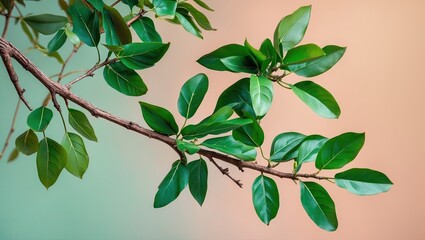 Obraz premium Lush green Kalopanax pictus leaves arranged on a slender branch against a soft pastel gradient background featuring light greens and peach hues.