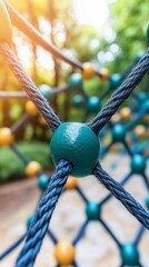Close up of teal and yellow spherical nodes connected by dark blue ropes, forming a climbing structure outdoors in a sunny park setting.