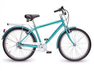 Teal blue bicycle with fenders and silver accents on a white background. The bicycle is a classic cruiser style.