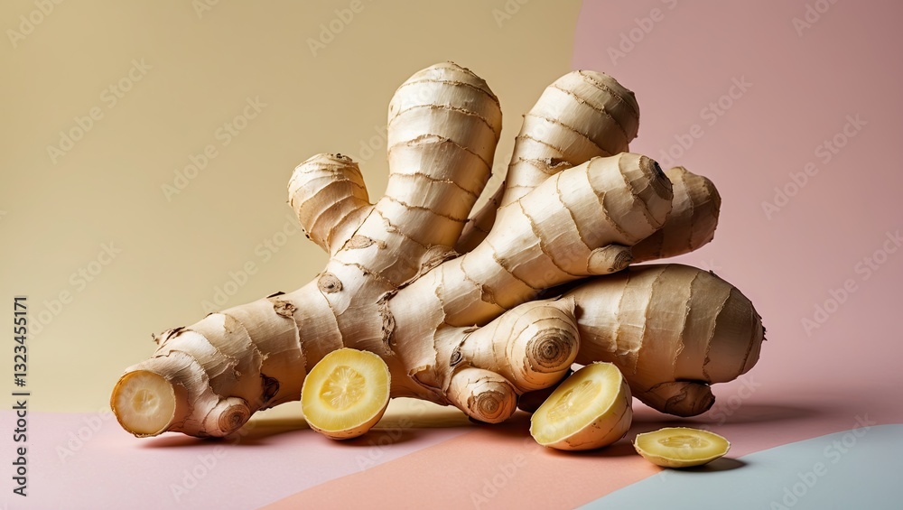 Poster ginger roots and slices on a soft pastel backdrop featuring warm yellows and pinks arranged asymmetr