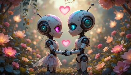 Fototapeta premium Loving Robots in a Dreamlike Garden