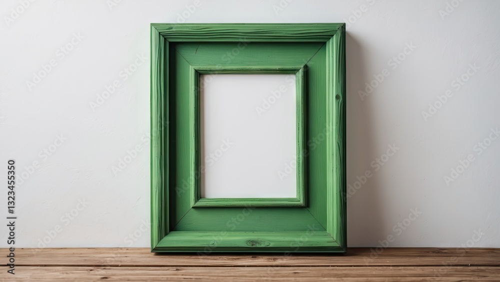 Poster green wooden picture frame with intricate detailing centered on a white backdrop, positioned above a