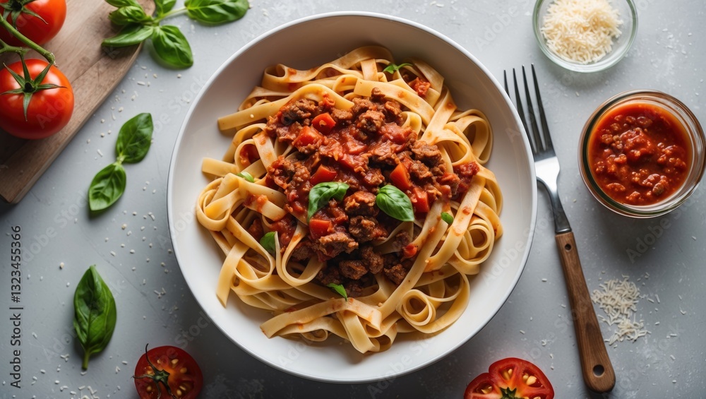 Poster fettuccine bolognese topped with basil in a white bowl on gray surface with tomatoes, fork, grated c