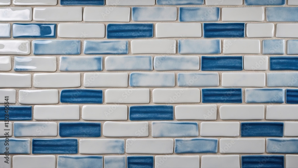Fototapete white and blue tiled wall texture featuring glossy rectangular tiles arranged in a seamless pattern 