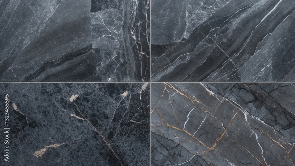 Leinwandbilder elegant dark marble texture with intricate white and golden veining, featuring four tiles arranged i