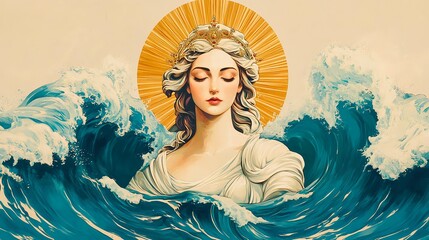 Goddess of the Sea, Ocean Queen, Wave Art - Vintage/Retro Aesthetic