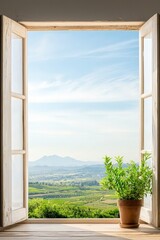 Serene View Through Open Window With Green Plant and Mountains