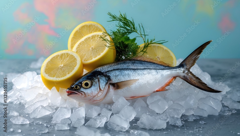 Poster fresh sea fish resting on crushed ice with three lemon slices and green herbs set against a soft pas