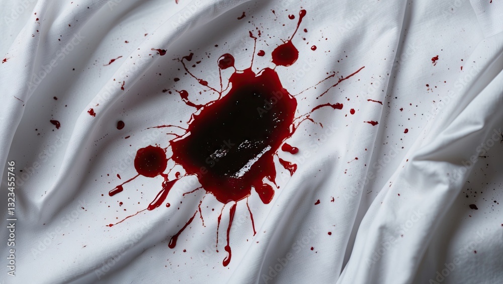 Fototapete high-quality close-up of a dark red blood stain on crumpled white fabric with splatter edges on top 