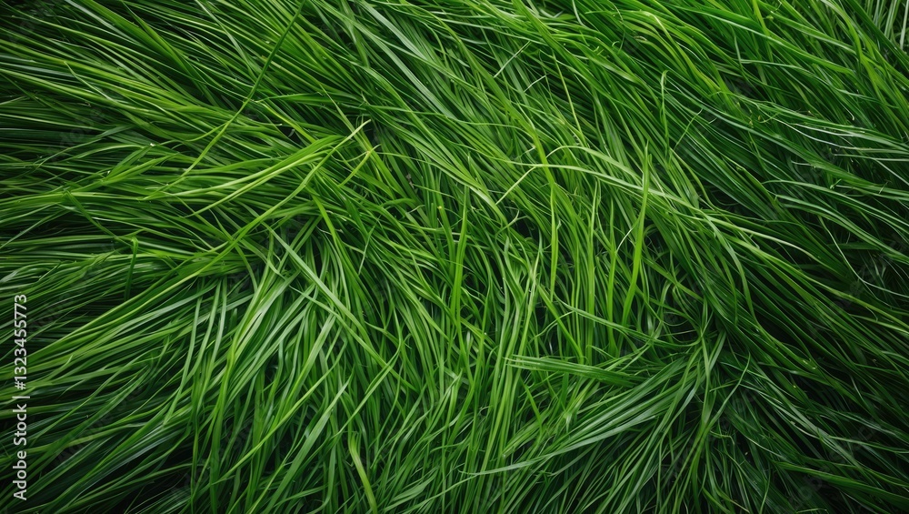 Leinwandbilder Lush vibrant green grass texture viewed from above, horizontal composition showcasing rich color variations and dynamic natural patterns.