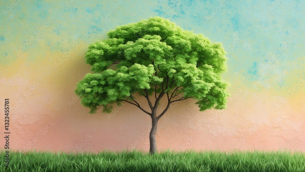 Aufkleber Lush green tree centered against a soft pastel gradient background with gentle hues of blue and orange, grass at the bottom enhancing the summer feel.