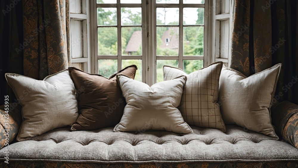 Leinwandbilder elegant divan adorned with various textured pillows in neutral tones, positioned centrally in front 