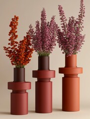 Three terracotta vases of varying heights, each holding a bouquet of flowers in shades of orange and purple, set against a neutral beige background. Clean lines, modern aesthetic.