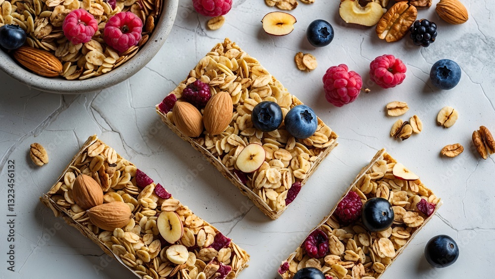 Poster Granola bars with assorted nuts and berries on a light gray stone surface, top view with vibrant colors and natural textures in a banner format.
