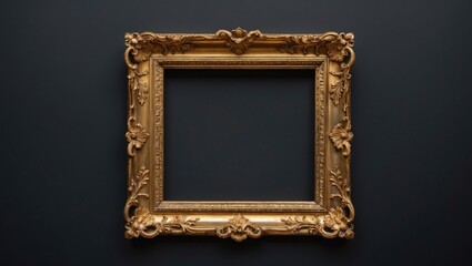 Elegant ornate golden antique frame centered against a deep black background highlighting intricate details and textures of the frame.