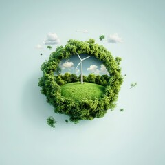 Green Landscape with Wind Turbine Surrounded by Lush Foliage