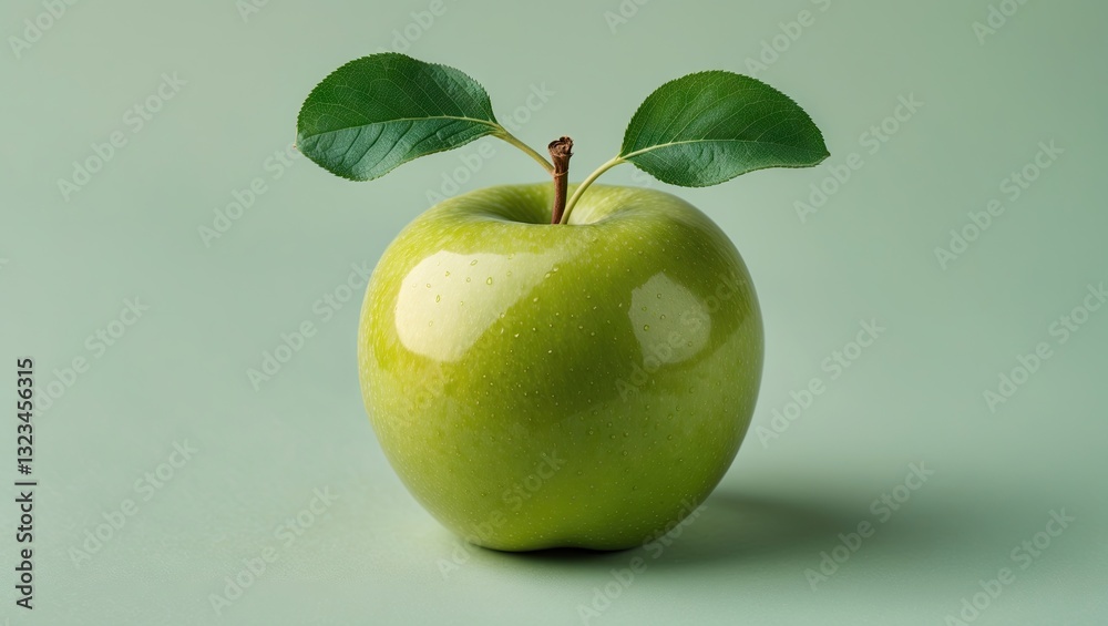 Poster green apple with two leaves placed centrally on a soft pastel green background highlighting its shin