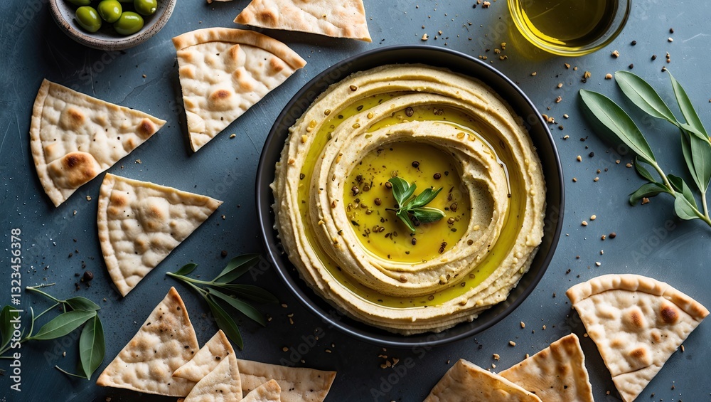 Aufkleber creamy hummus in a black bowl topped with olive oil surrounded by pita chips on a dark blue backgrou