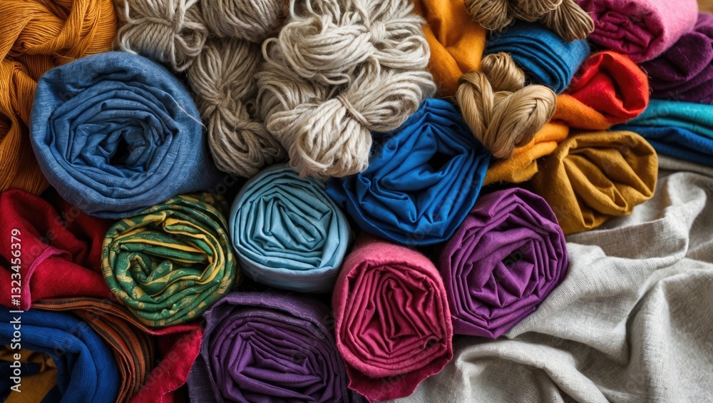 Aufkleber vibrant rolled fabrics in shades of blue, pink, and mustard arranged in a circular pattern with soft