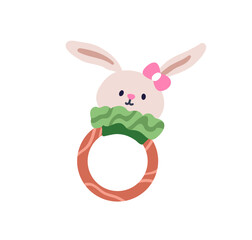Teething ring with cute bunny. Baby grasping, gripping toy with chewable circle and rabbit, hare for infants. Teether, kids nursery accessory. Flat vector illustration isolated on white background